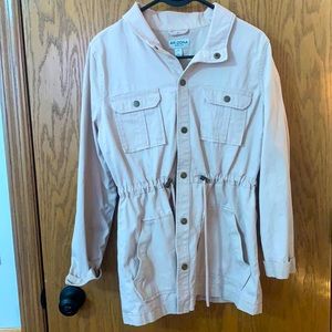 Blush pink button up jacket.